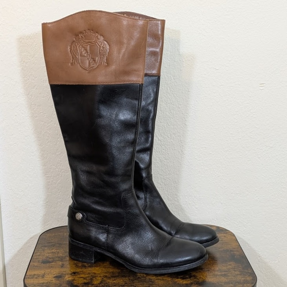 Franco Sarto Tall‎ Riding Boots Black Brown Leather Crest Detail Women US 8